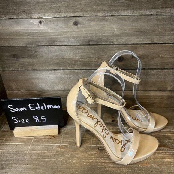 Womens Sam Edelman Tan Beige Patent Leather High Heels‎ Shoes Size 8.5 M GUC - Picture 1 of 8